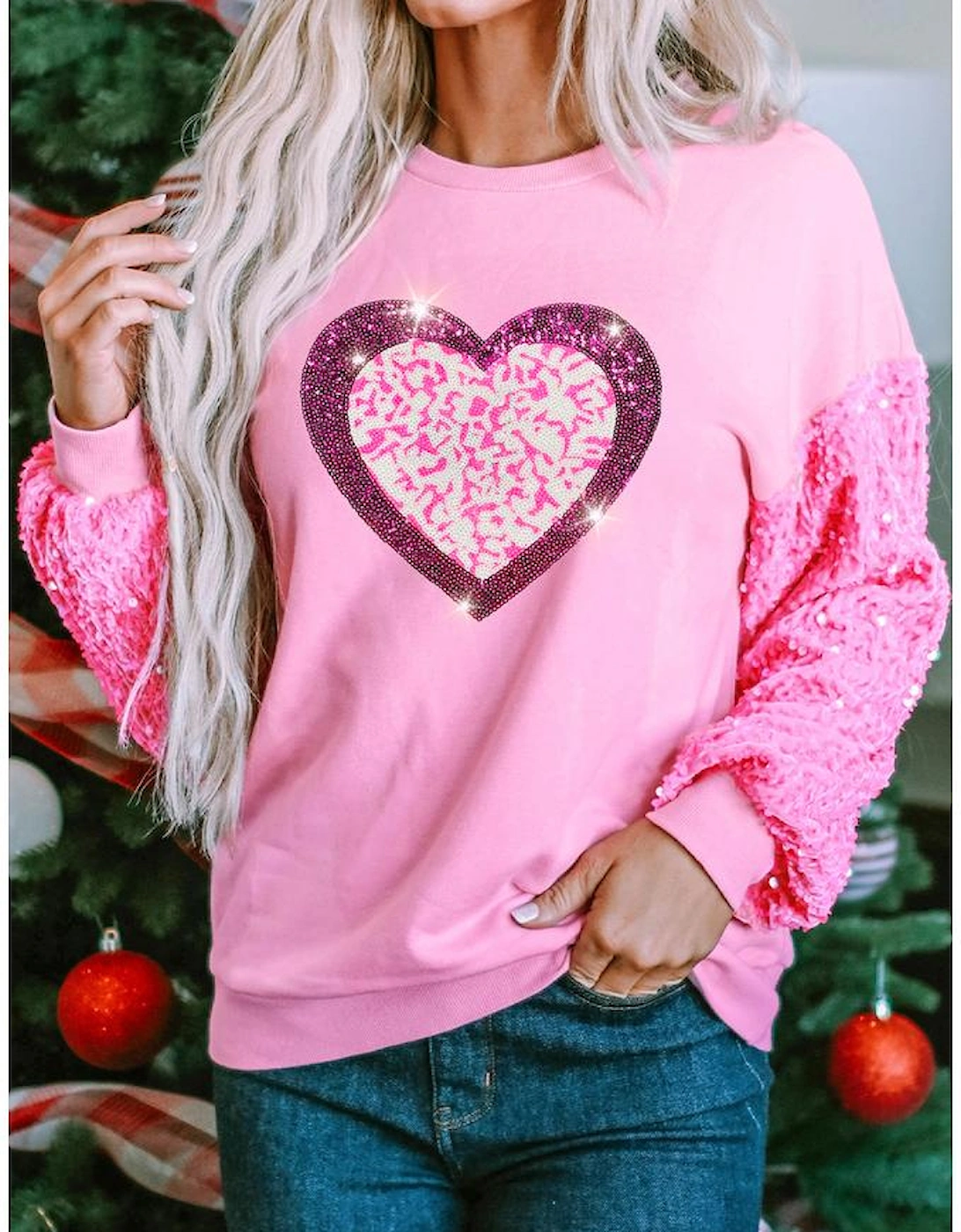 Pink Leopard Heart Graphic Sequin Patchwork Long Sleeve Valentines Top, 5 of 4