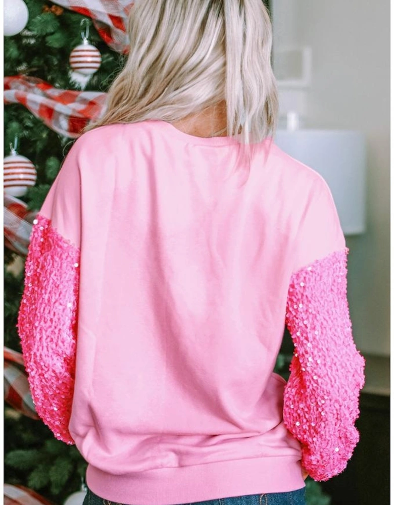 Pink Leopard Heart Graphic Sequin Patchwork Long Sleeve Valentines Top