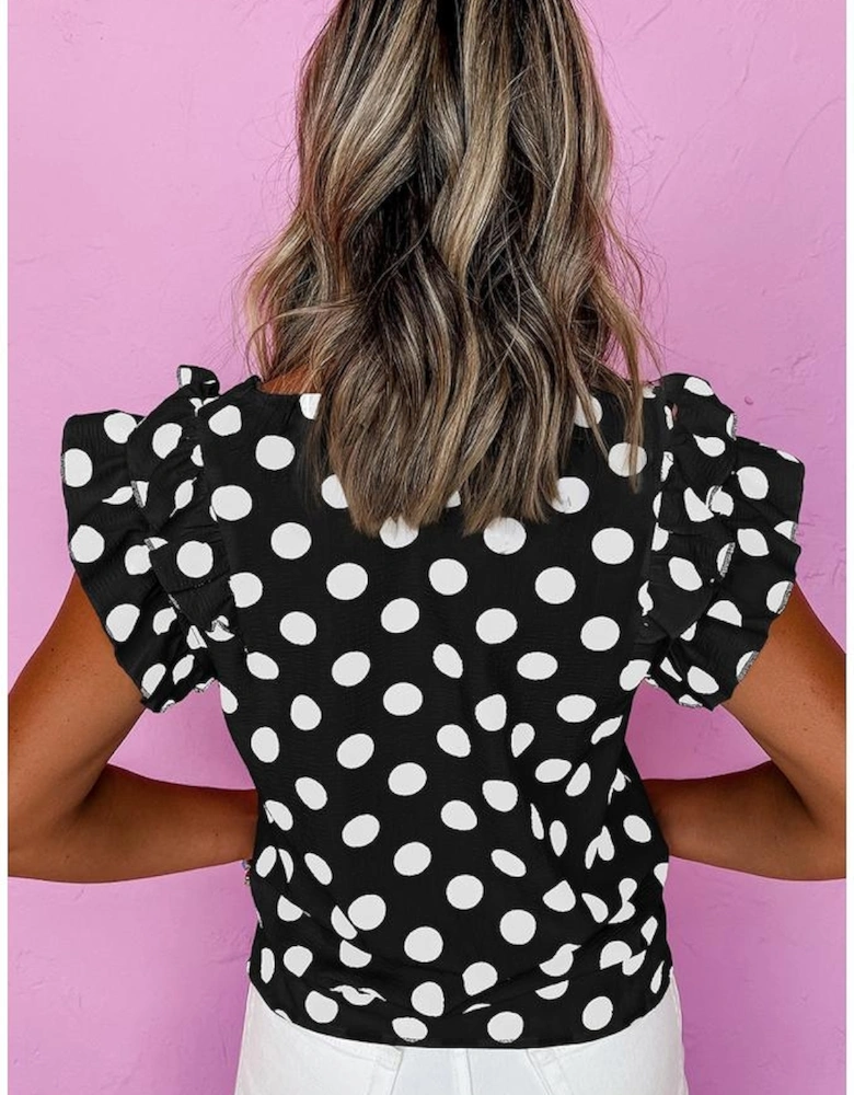 Black Polka Dot Print Ruffled Sleeve V Neck Blouse