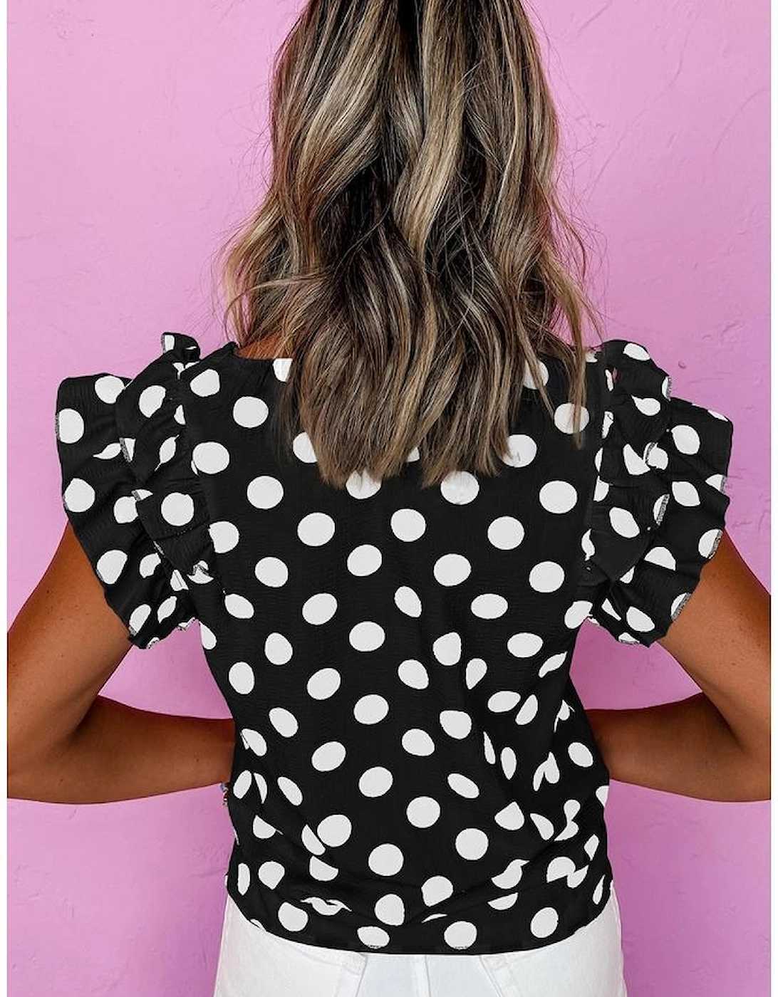 Black Polka Dot Print Ruffled Sleeve V Neck Blouse, 5 of 4