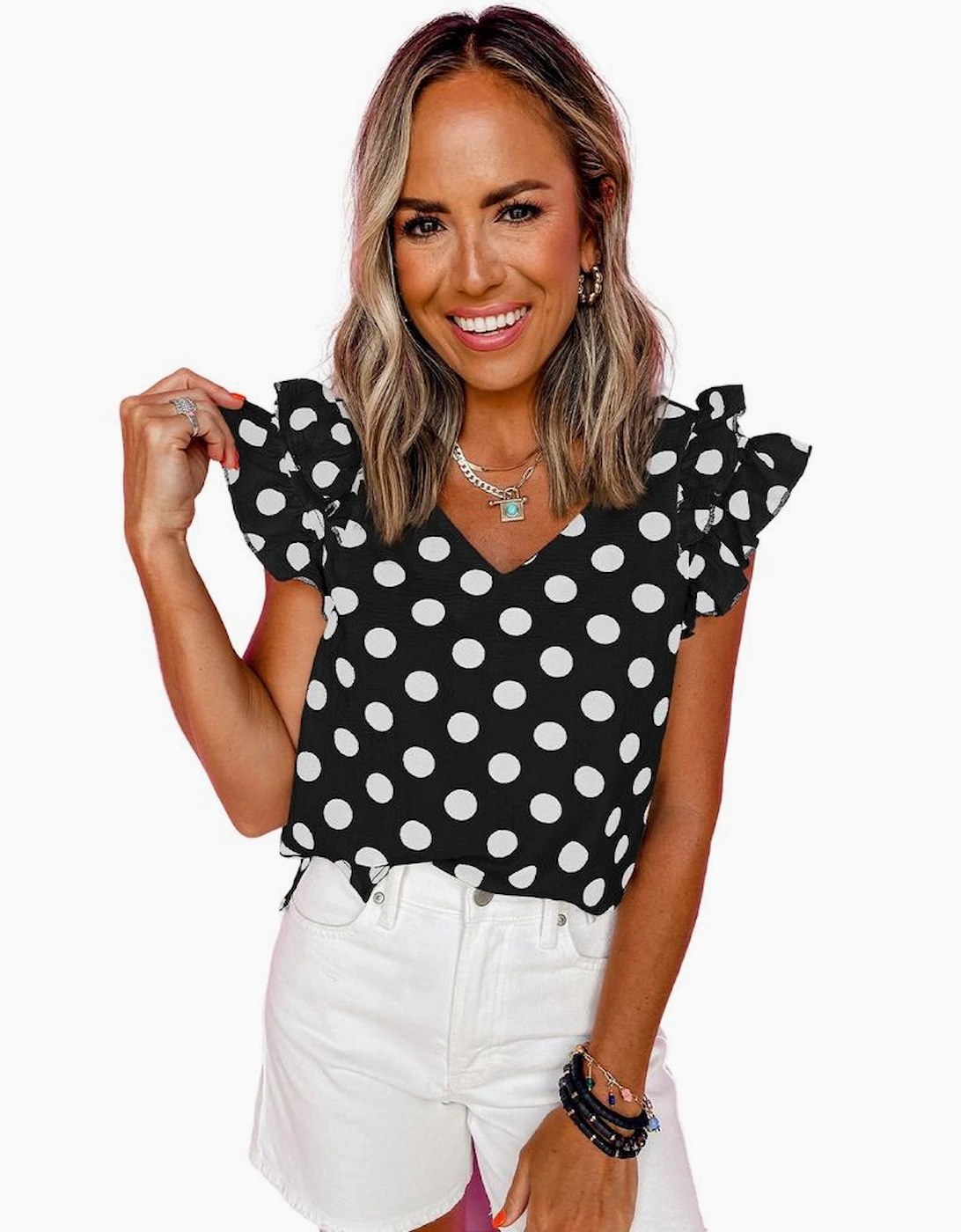 Black Polka Dot Print Ruffled Sleeve V Neck Blouse
