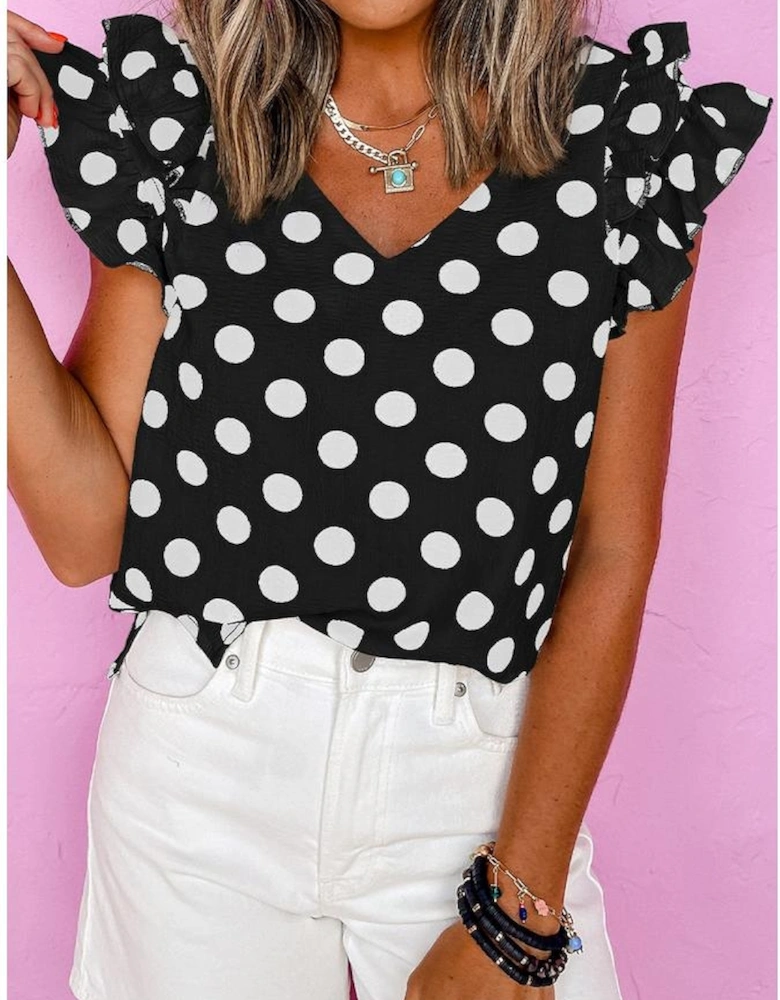 Black Polka Dot Print Ruffled Sleeve V Neck Blouse