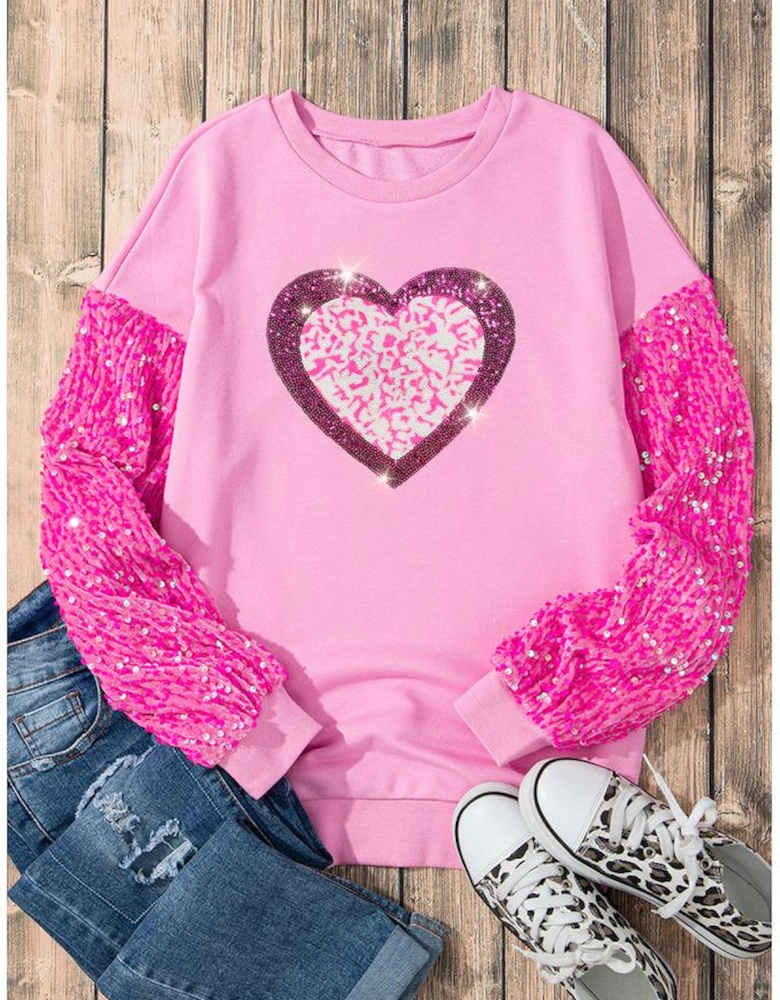 Pink Leopard Heart Graphic Sequin Patchwork Long Sleeve Valentines Top
