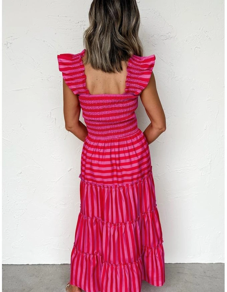 Rose Stripe Flutter Sleeve Smocked Bodice Tiered Maxi Dress