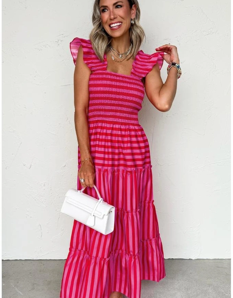 Rose Stripe Flutter Sleeve Smocked Bodice Tiered Maxi Dress