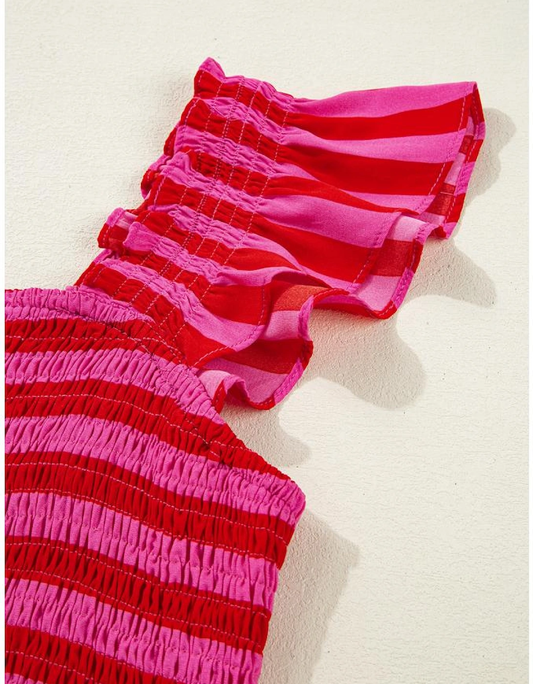 Rose Stripe Flutter Sleeve Smocked Bodice Tiered Maxi Dress