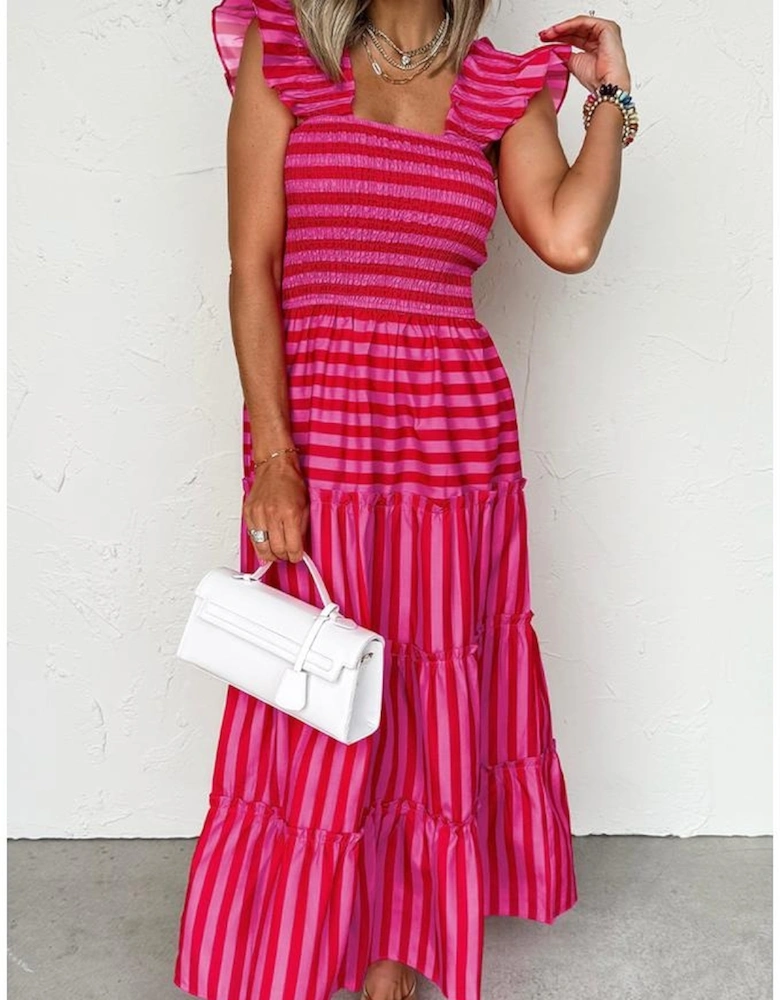 Rose Stripe Flutter Sleeve Smocked Bodice Tiered Maxi Dress