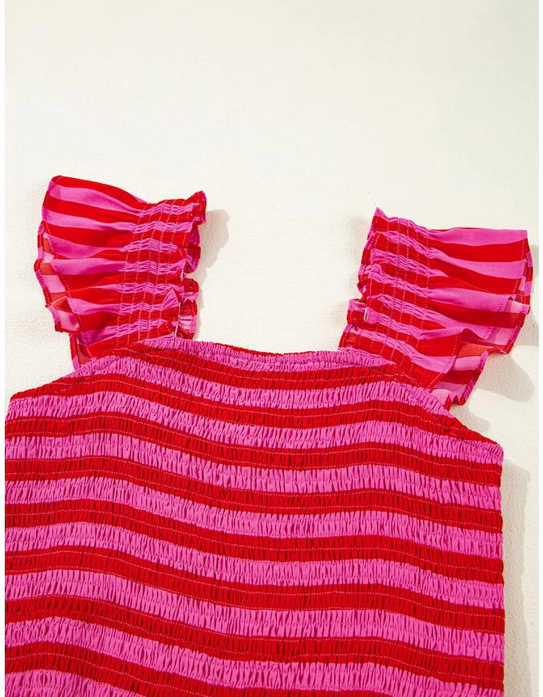 Rose Stripe Flutter Sleeve Smocked Bodice Tiered Maxi Dress