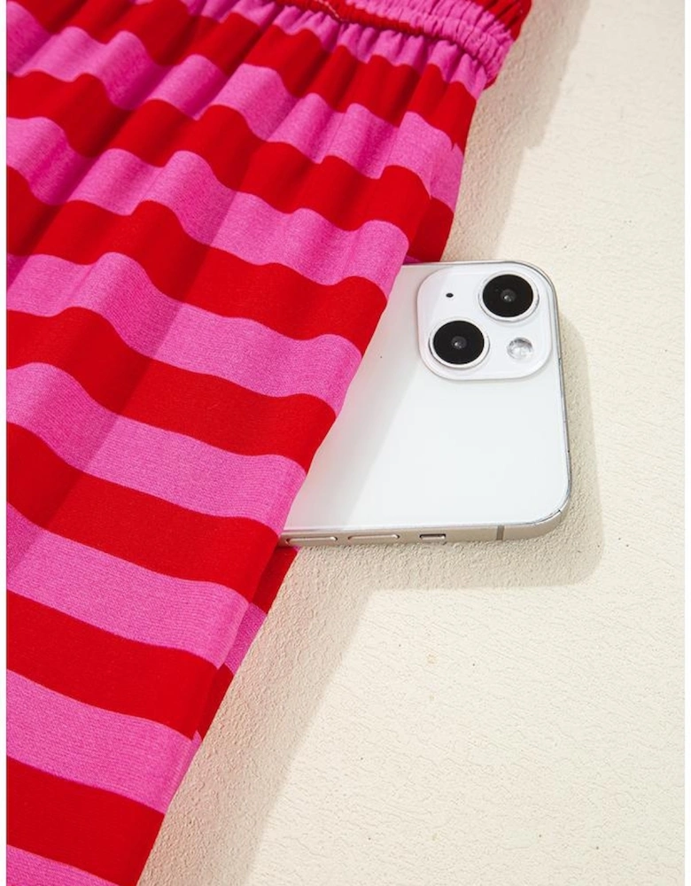 Rose Stripe Flutter Sleeve Smocked Bodice Tiered Maxi Dress