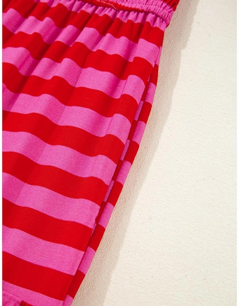 Rose Stripe Flutter Sleeve Smocked Bodice Tiered Maxi Dress