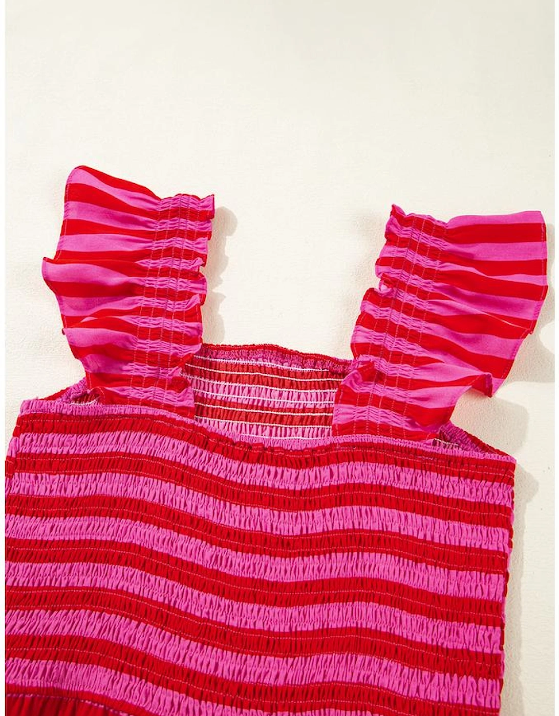 Rose Stripe Flutter Sleeve Smocked Bodice Tiered Maxi Dress