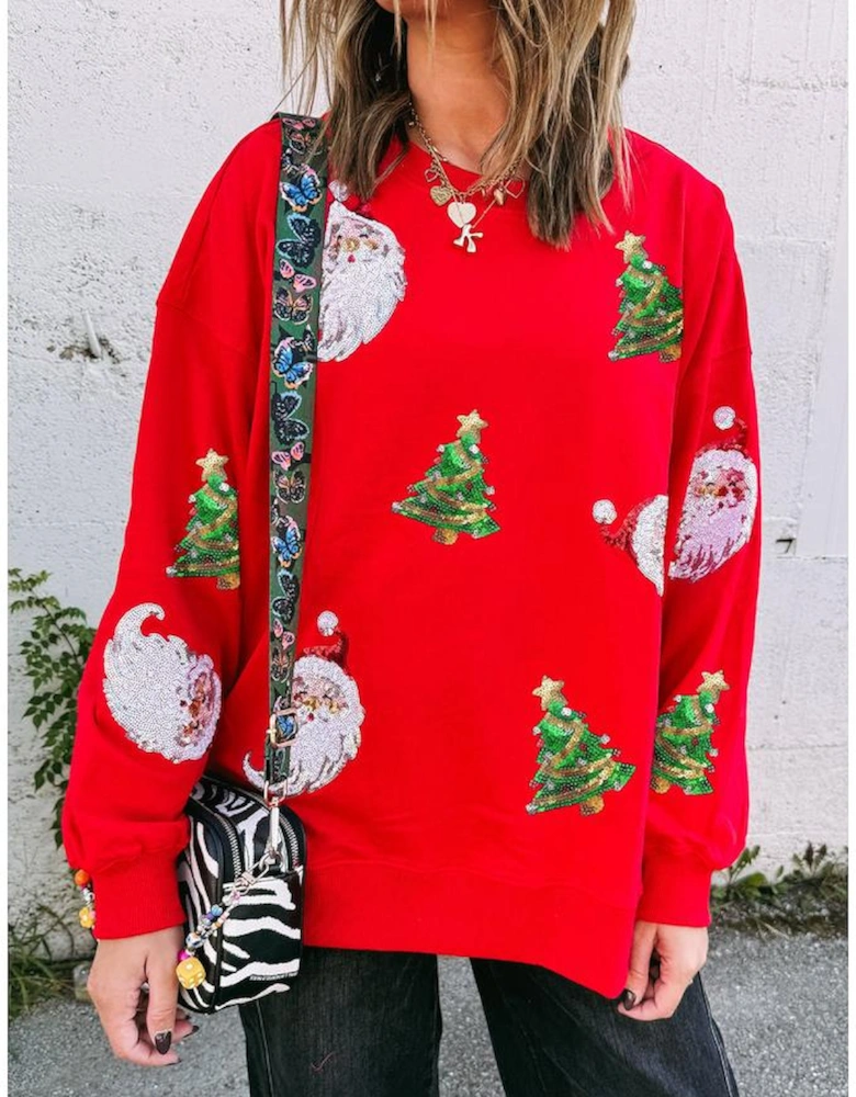 Red Santa Claus Christmas Tree Patched Pattern Drop Shoulder Sweatshirt