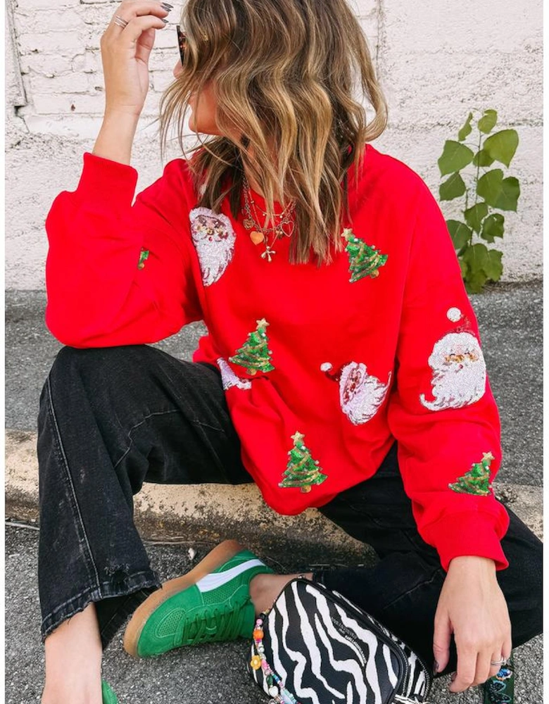 Red Santa Claus Christmas Tree Patched Pattern Drop Shoulder Sweatshirt