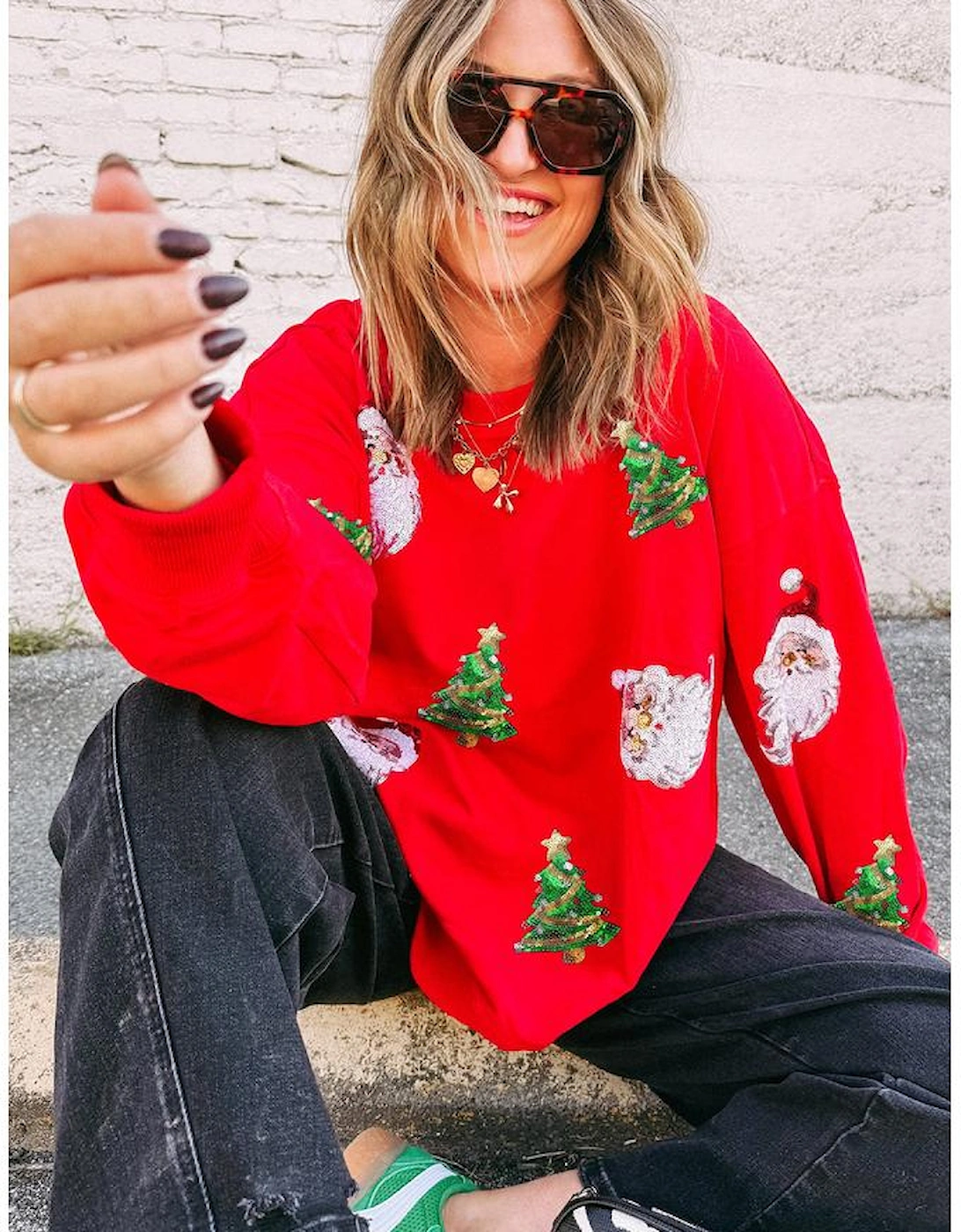 Red Santa Claus Christmas Tree Patched Pattern Drop Shoulder Sweatshirt