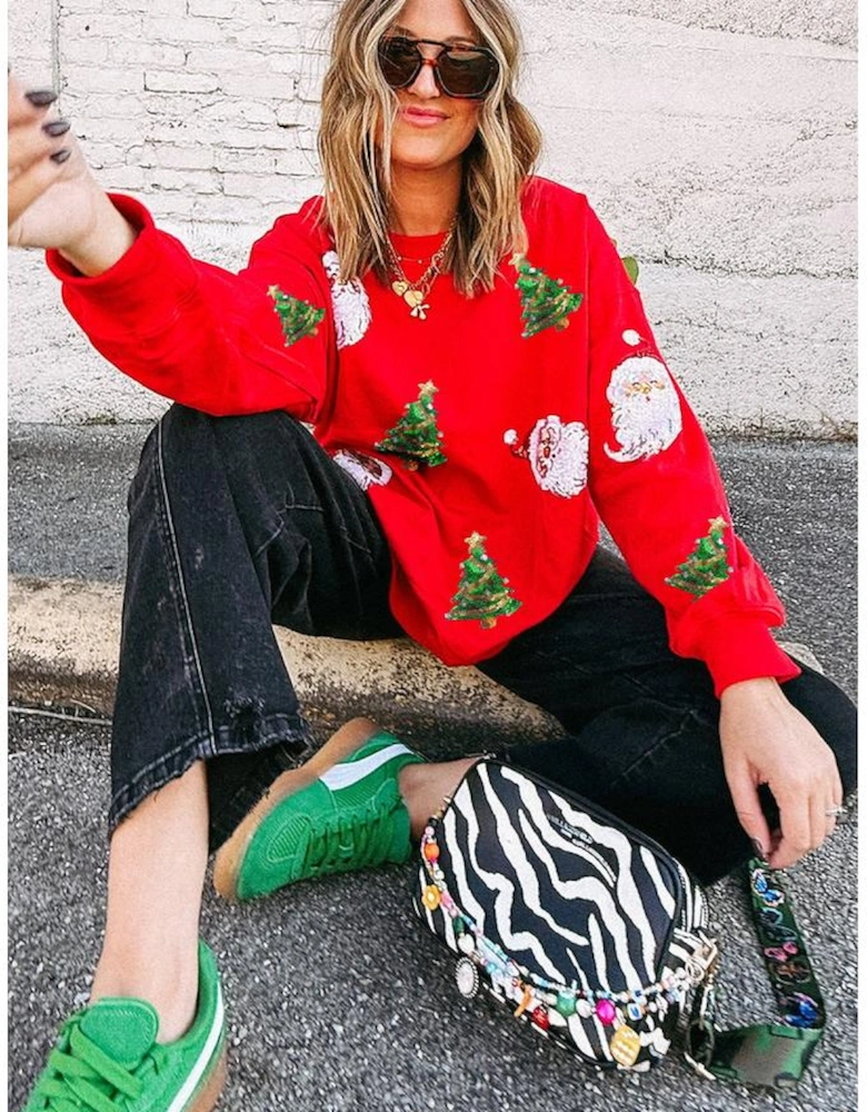 Red Santa Claus Christmas Tree Patched Pattern Drop Shoulder Sweatshirt