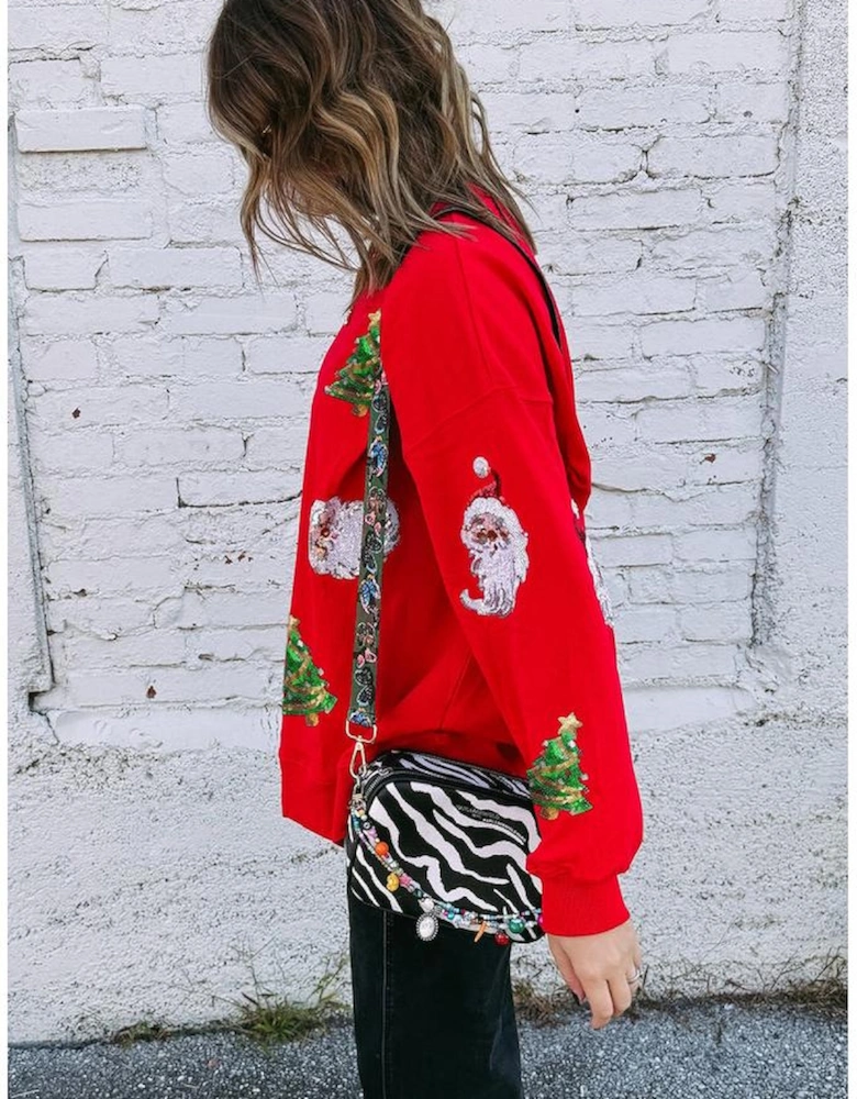 Red Santa Claus Christmas Tree Patched Pattern Drop Shoulder Sweatshirt