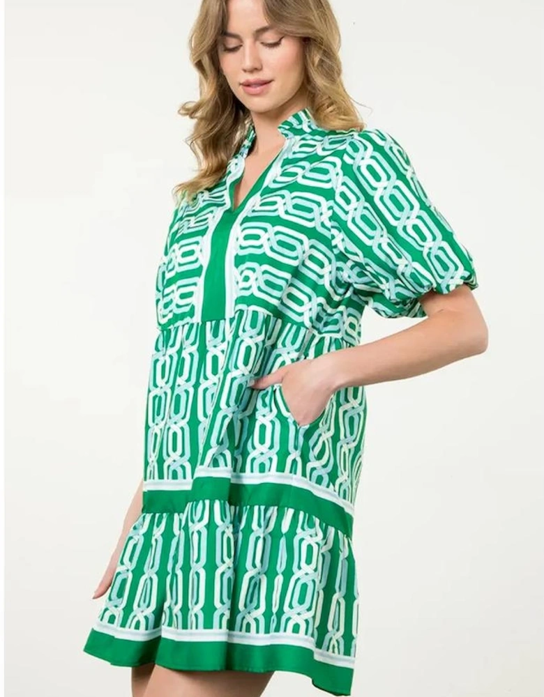 Bright Green Abstract Patterned V Neck Puff Short Sleeve Mini Dress