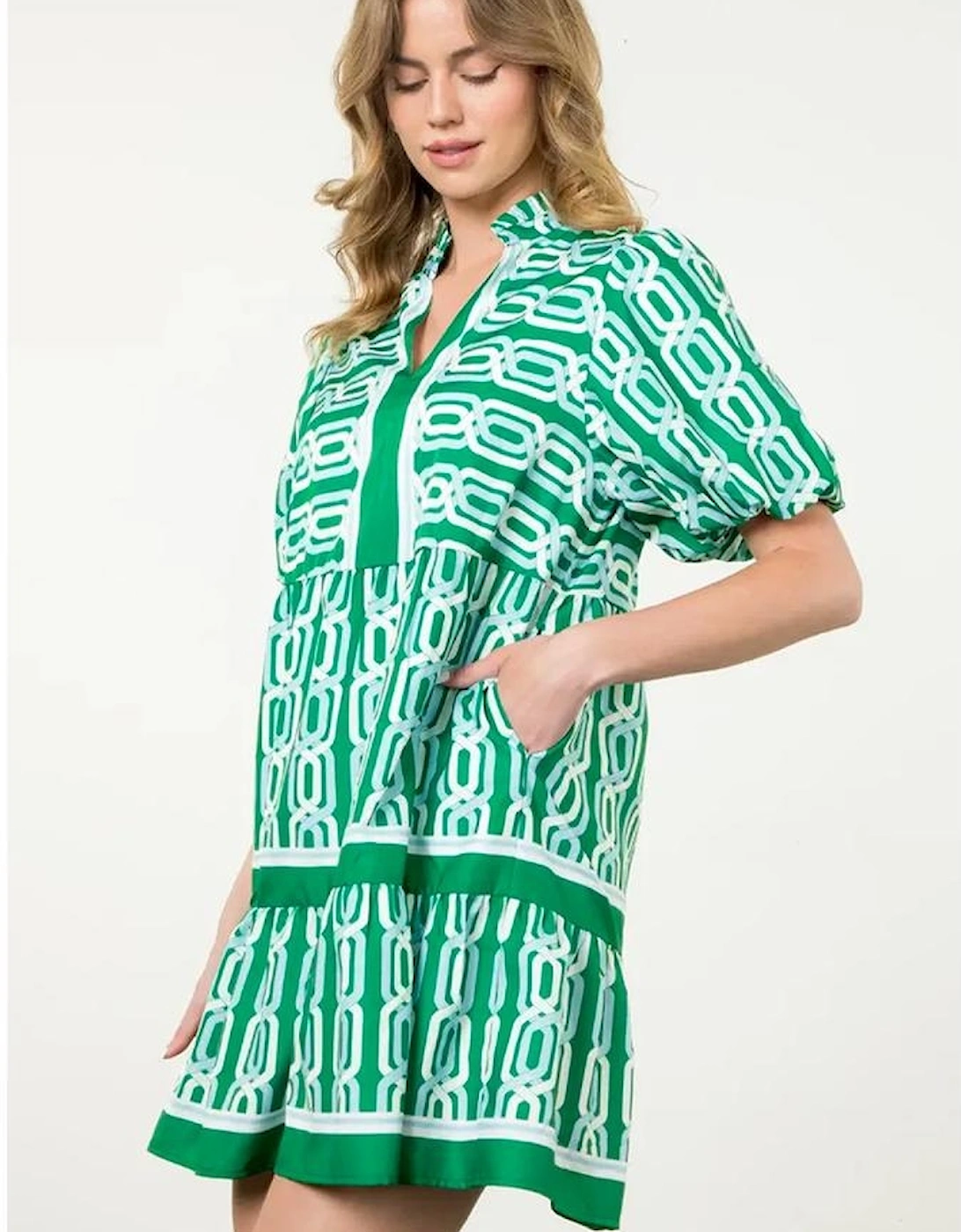 Bright Green Abstract Patterned V Neck Puff Short Sleeve Mini Dress