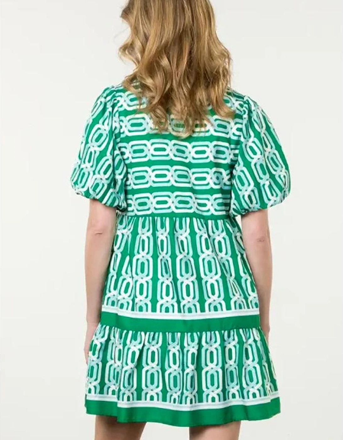Bright Green Abstract Patterned V Neck Puff Short Sleeve Mini Dress, 11 of 10