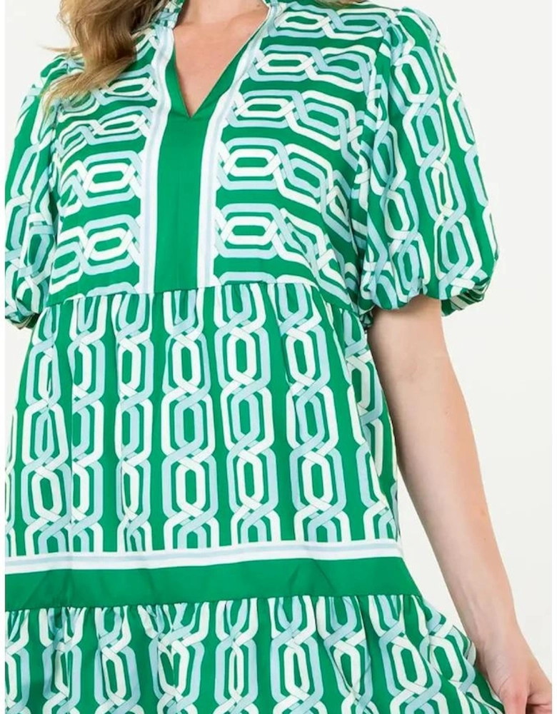 Bright Green Abstract Patterned V Neck Puff Short Sleeve Mini Dress