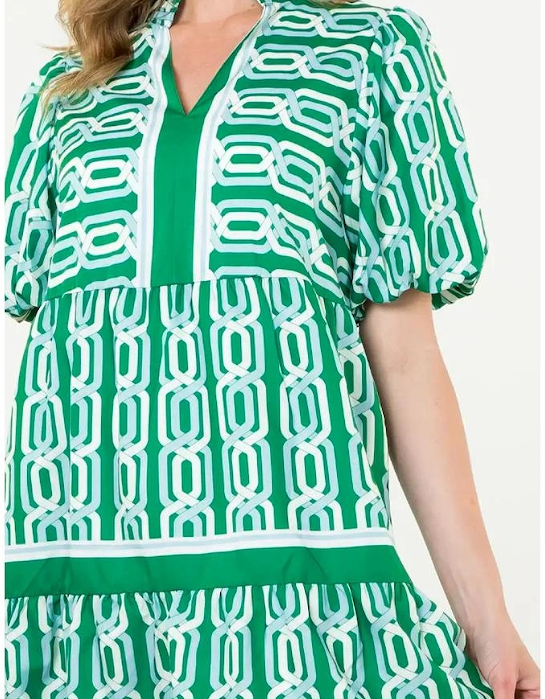 Bright Green Abstract Patterned V Neck Puff Short Sleeve Mini Dress