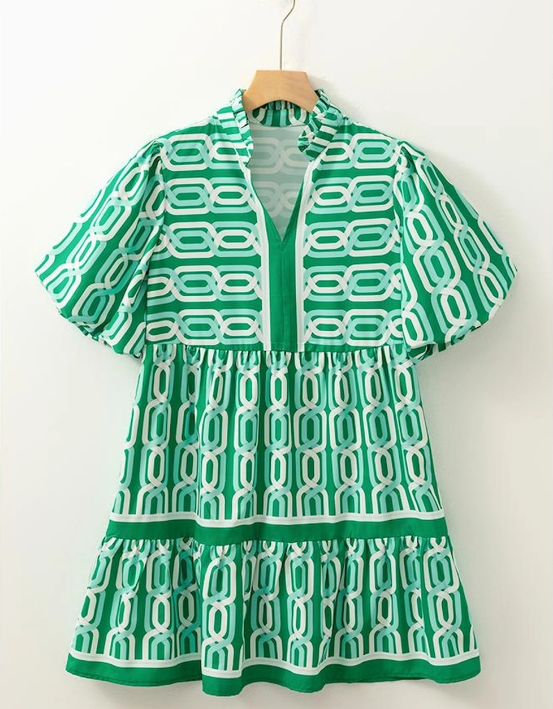 Bright Green Abstract Patterned V Neck Puff Short Sleeve Mini Dress