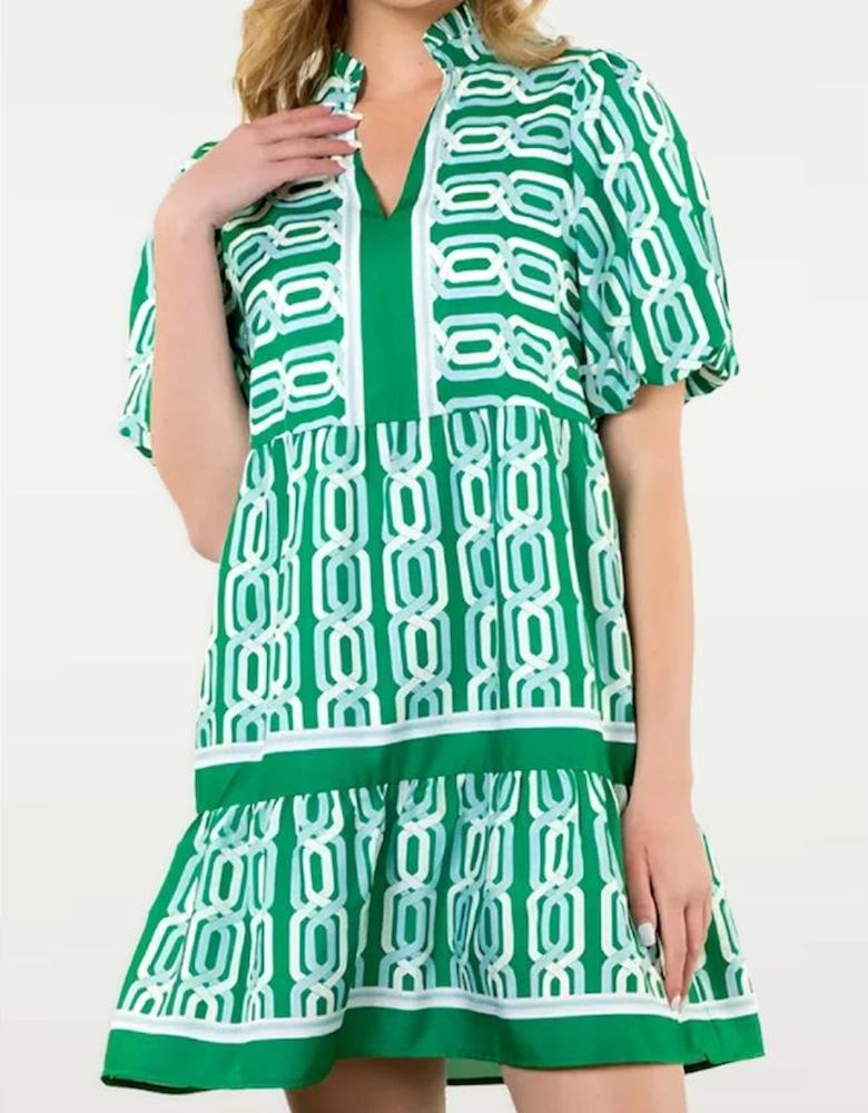 Bright Green Abstract Patterned V Neck Puff Short Sleeve Mini Dress