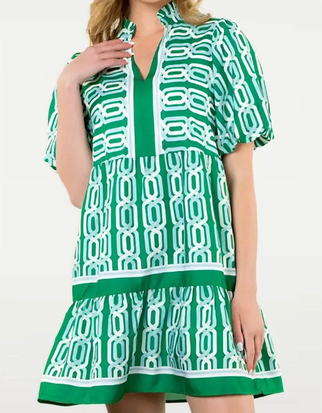 Bright Green Abstract Patterned V Neck Puff Short Sleeve Mini Dress