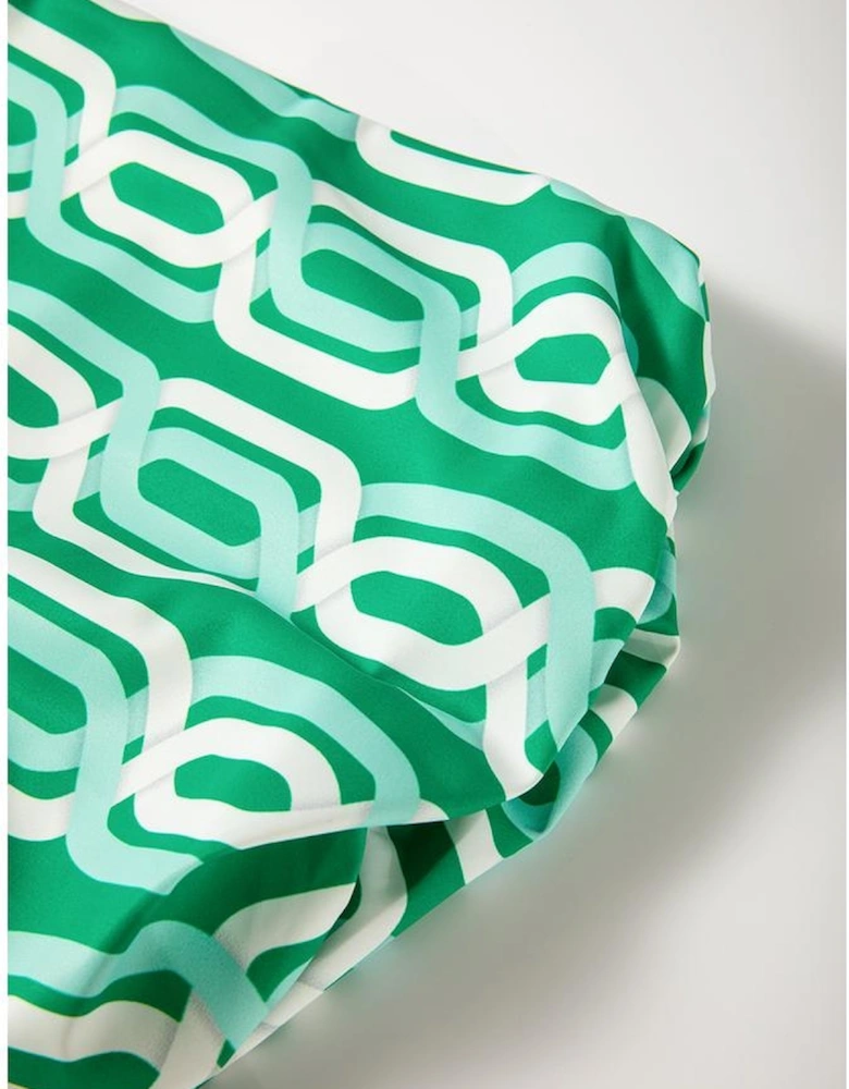 Bright Green Abstract Patterned V Neck Puff Short Sleeve Mini Dress