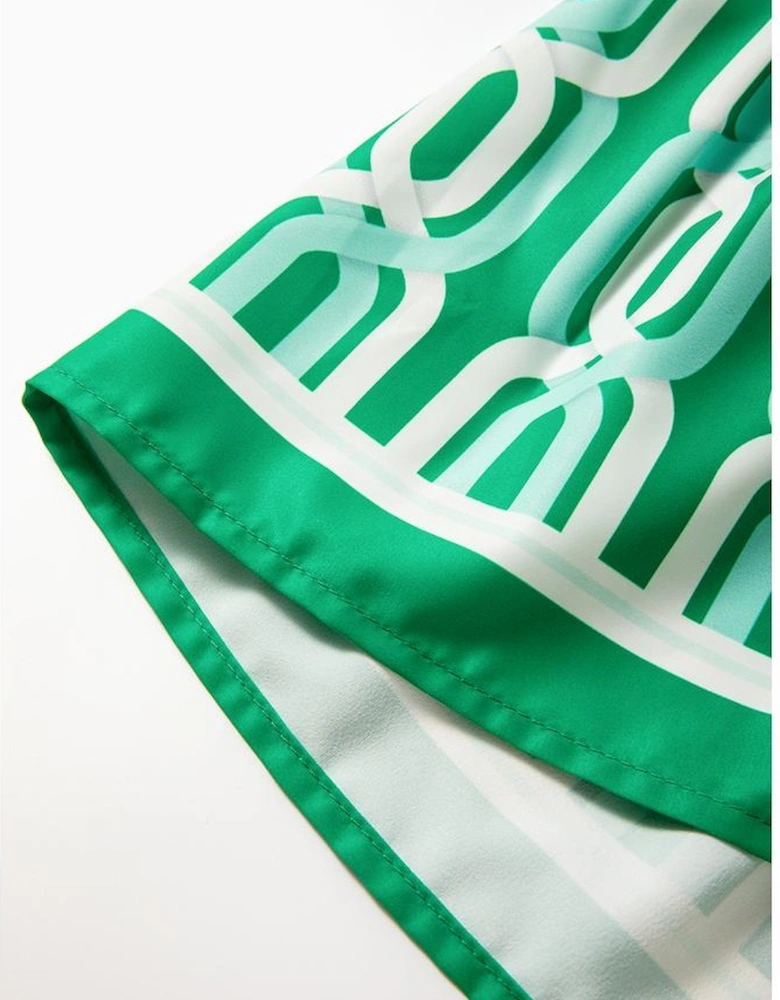 Bright Green Abstract Patterned V Neck Puff Short Sleeve Mini Dress