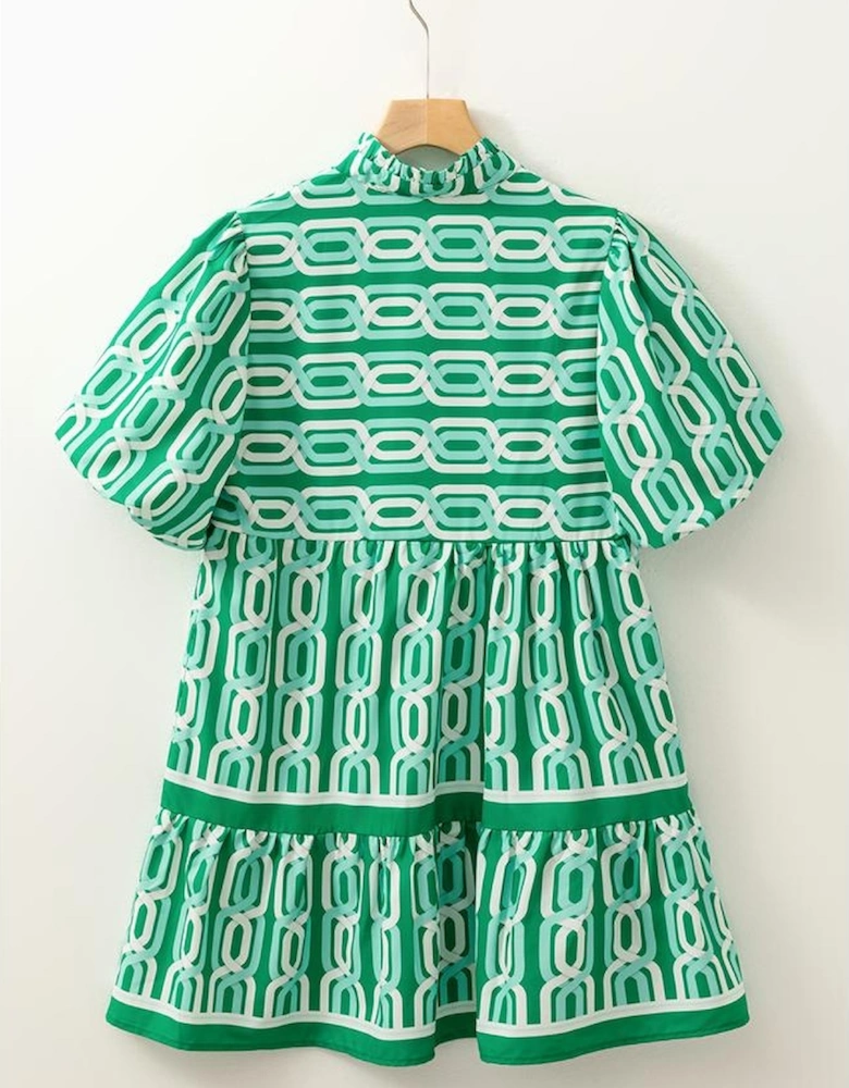 Bright Green Abstract Patterned V Neck Puff Short Sleeve Mini Dress