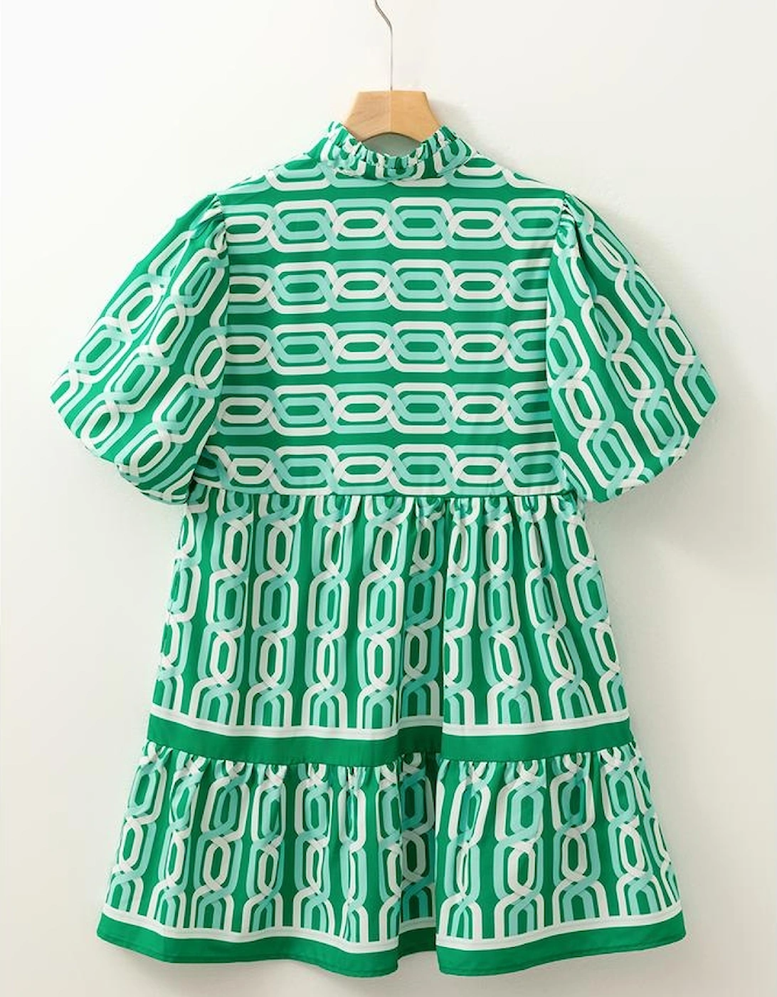 Bright Green Abstract Patterned V Neck Puff Short Sleeve Mini Dress
