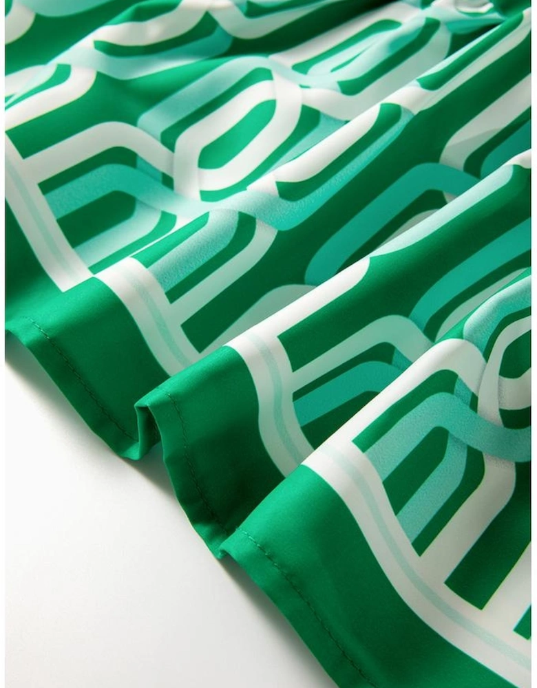 Bright Green Abstract Patterned V Neck Puff Short Sleeve Mini Dress