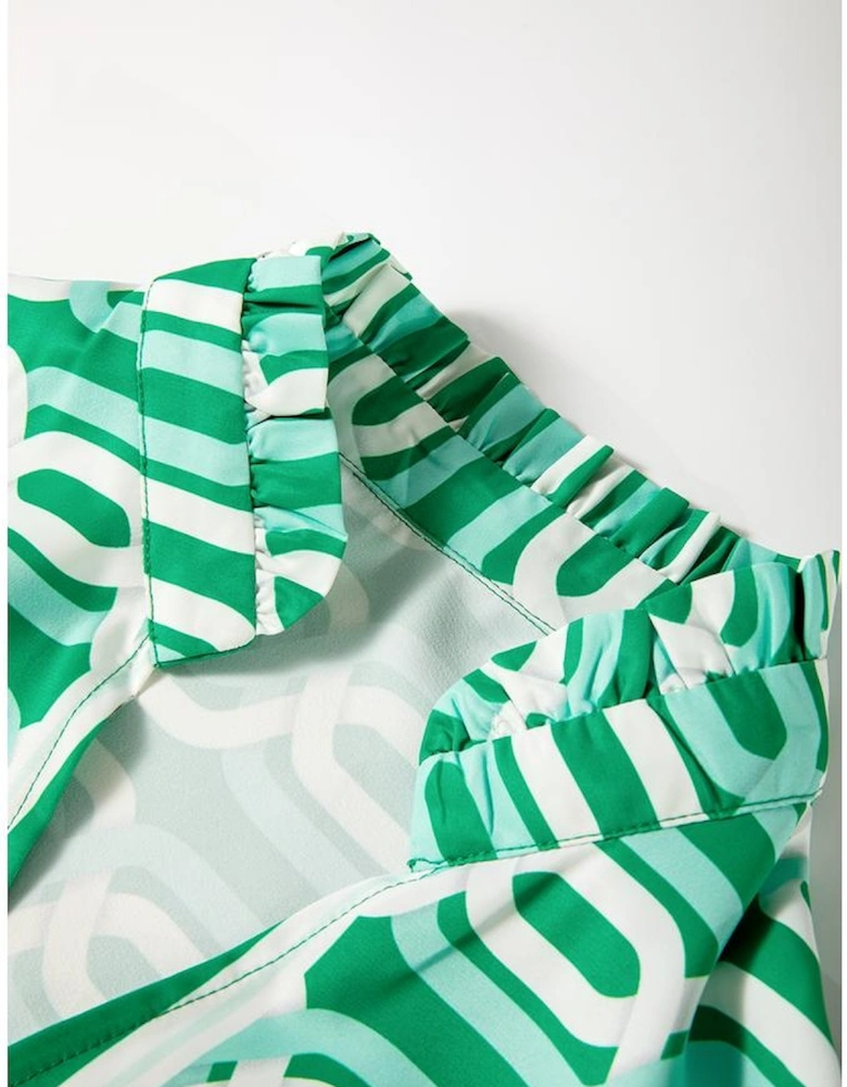 Bright Green Abstract Patterned V Neck Puff Short Sleeve Mini Dress