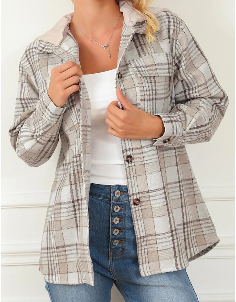 Khaki Plaid Removable Hood Buttoned Shacket