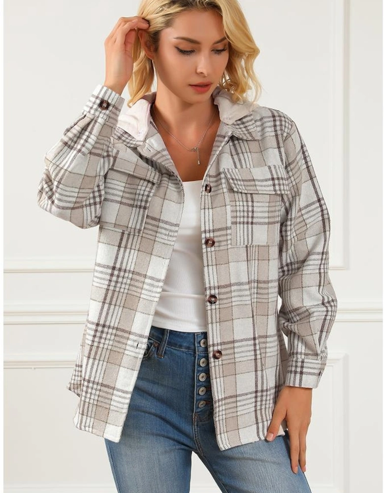 Khaki Plaid Removable Hood Buttoned Shacket