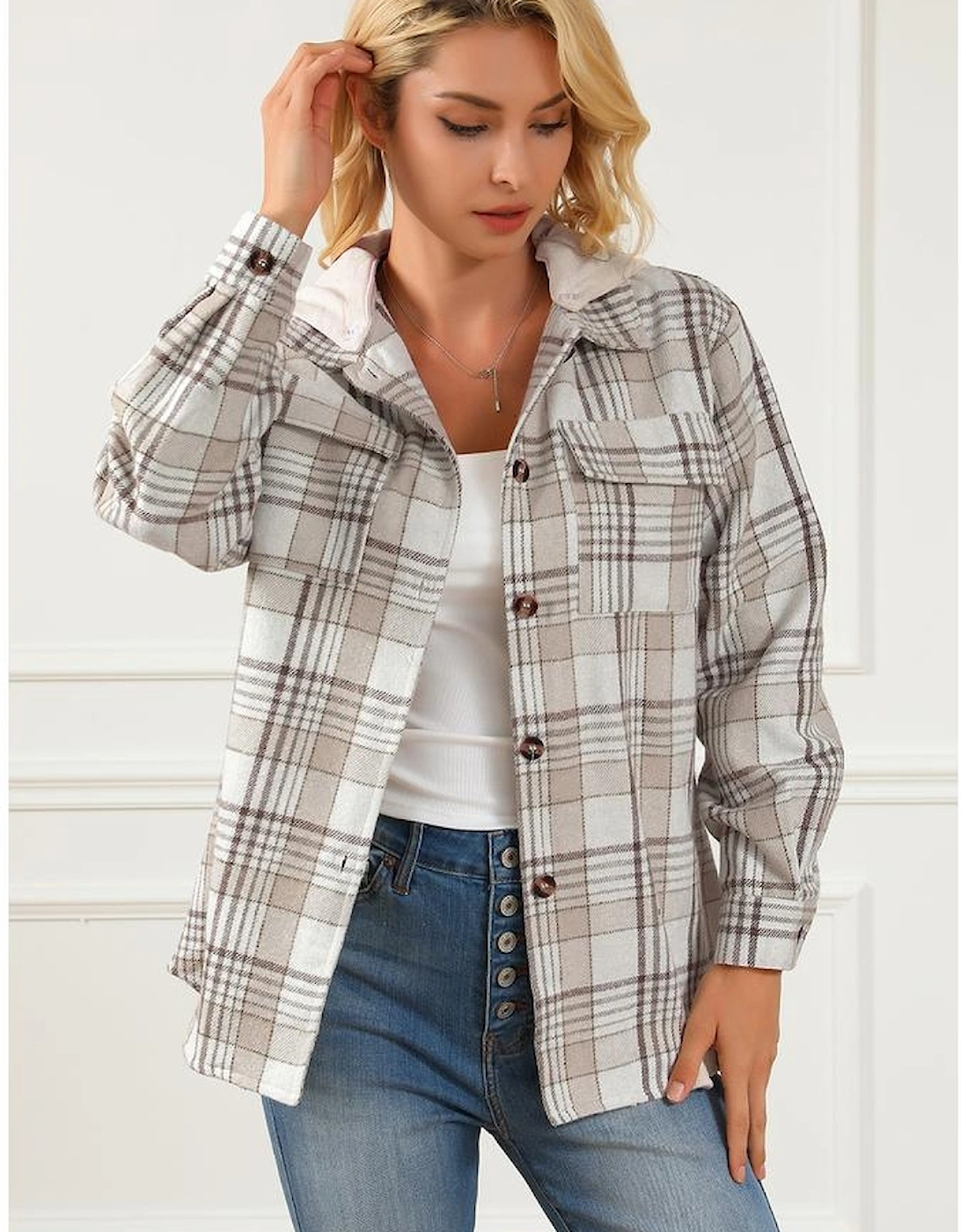 Khaki Plaid Removable Hood Buttoned Shacket