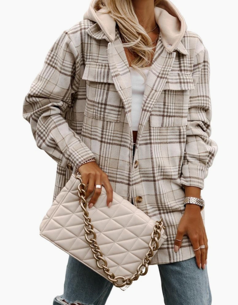 Khaki Plaid Removable Hood Buttoned Shacket