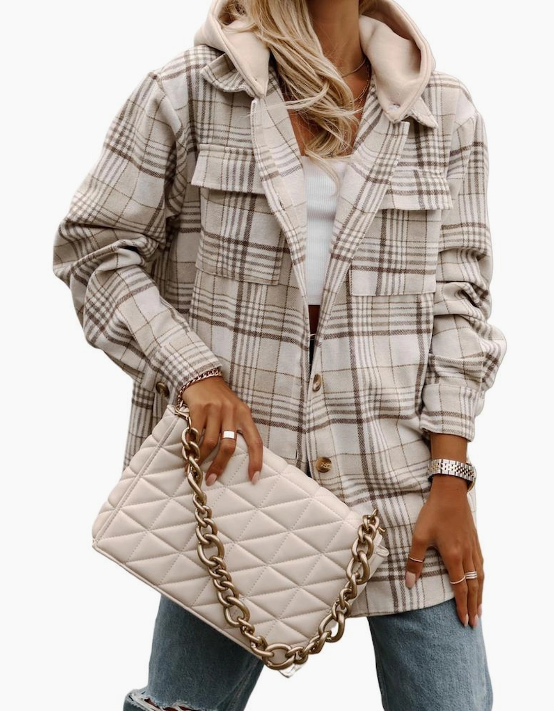 Khaki Plaid Removable Hood Buttoned Shacket