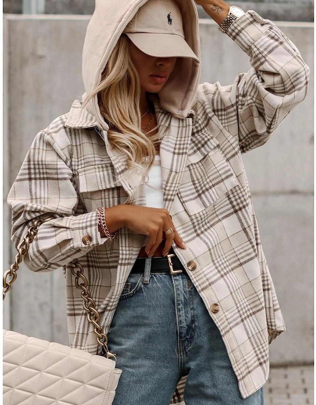 Khaki Plaid Removable Hood Buttoned Shacket