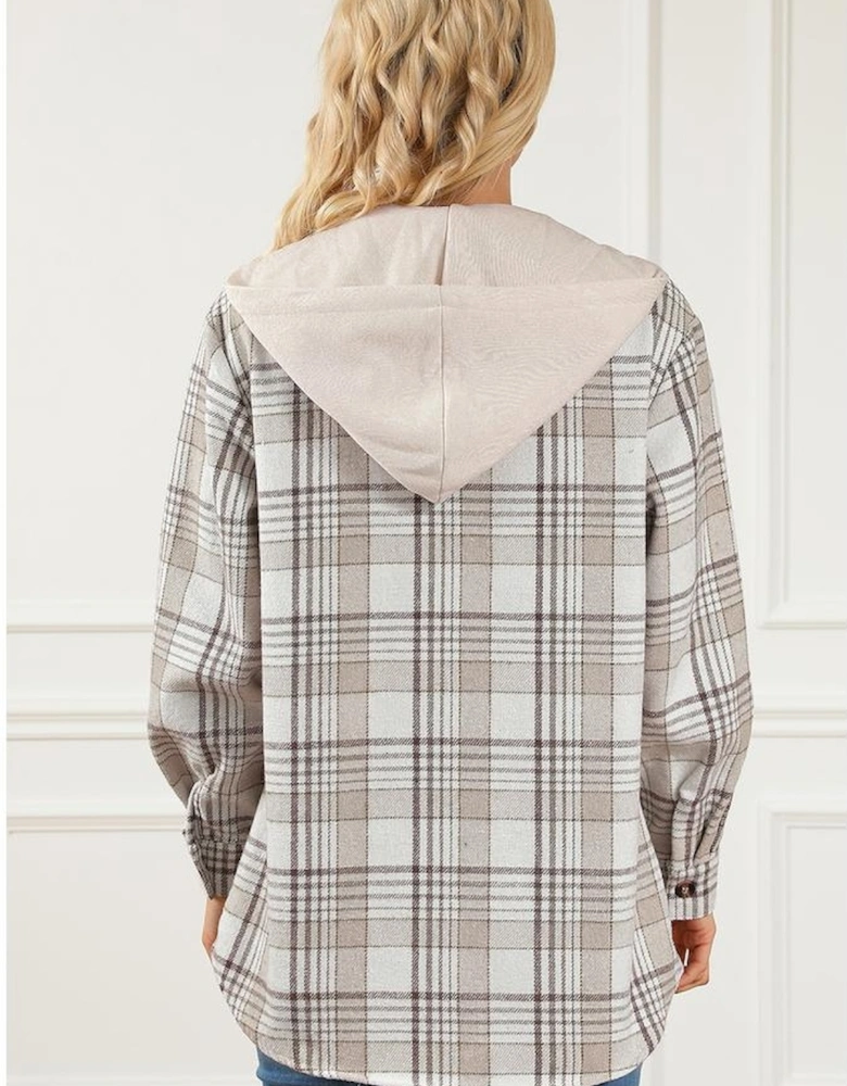 Khaki Plaid Removable Hood Buttoned Shacket
