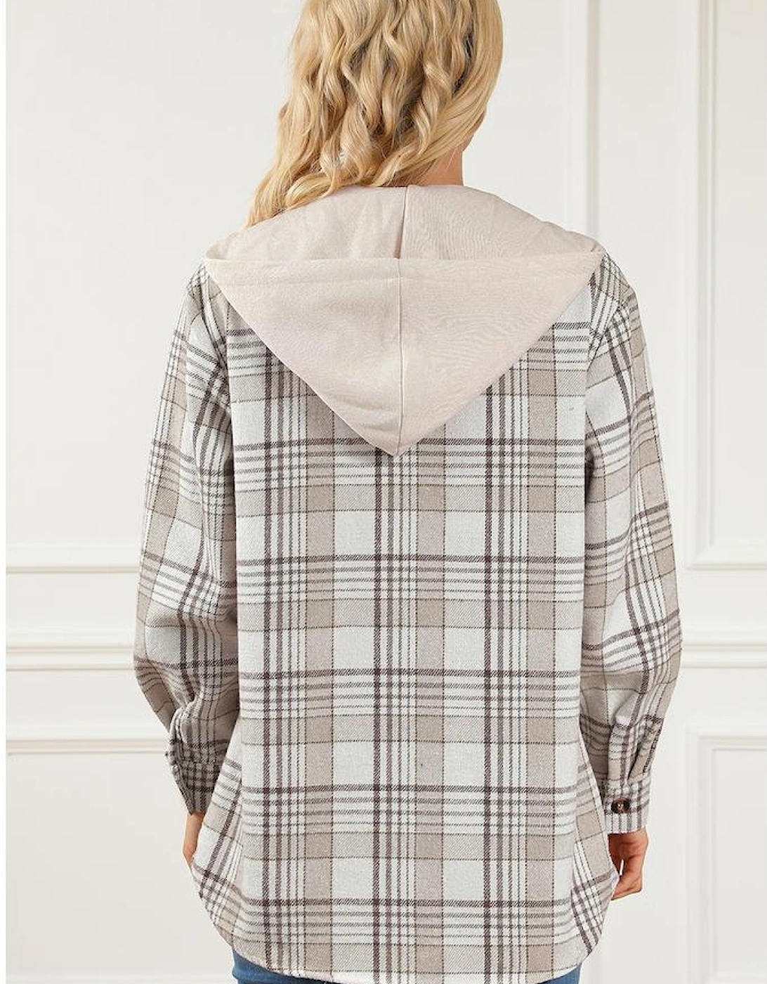 Khaki Plaid Removable Hood Buttoned Shacket