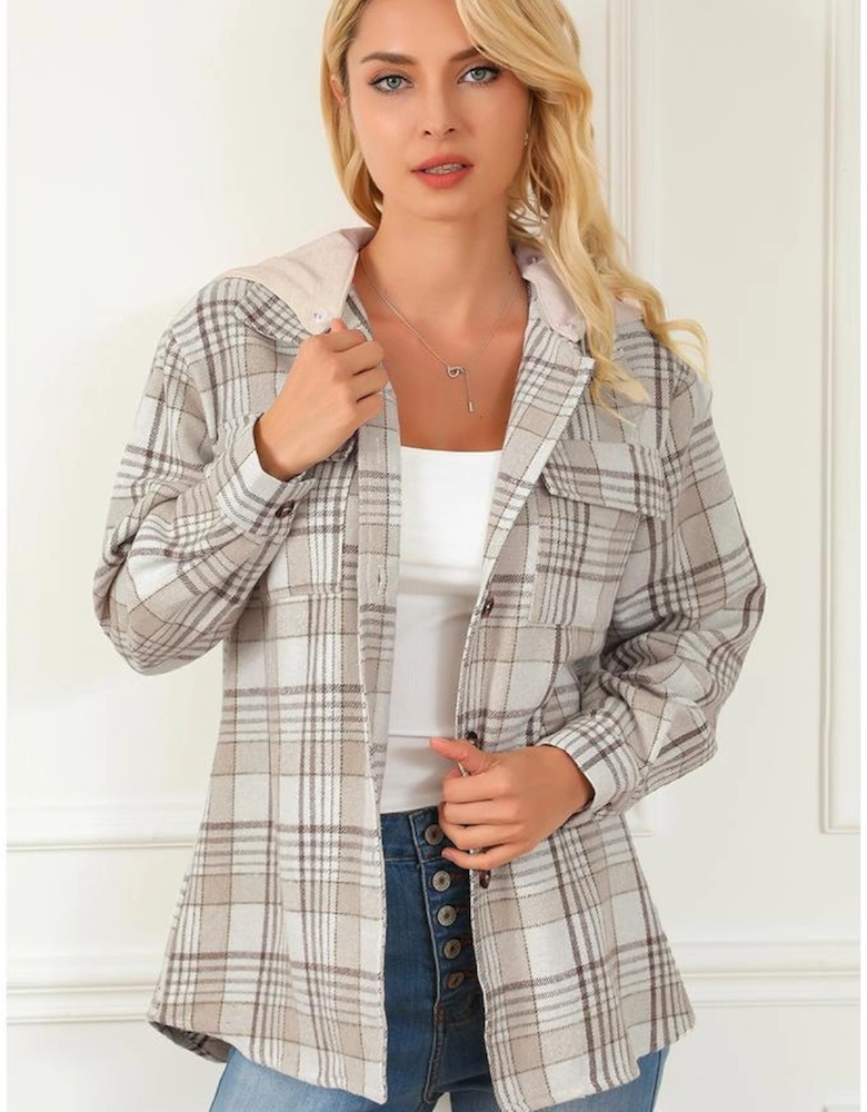 Khaki Plaid Removable Hood Buttoned Shacket