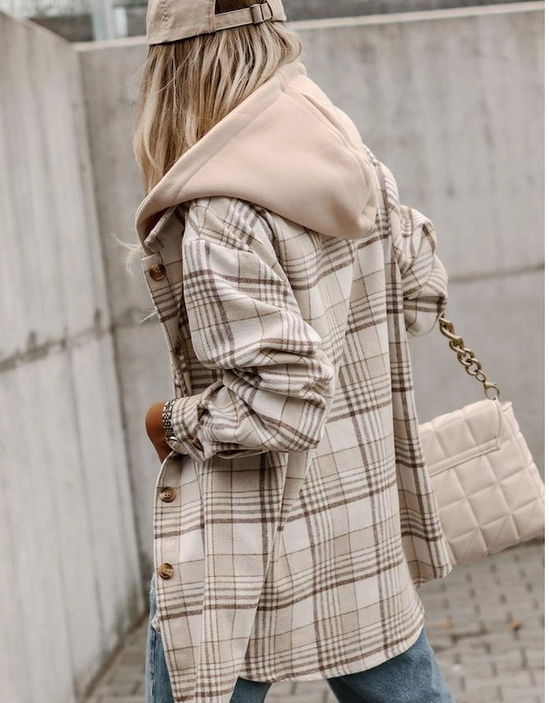 Khaki Plaid Removable Hood Buttoned Shacket