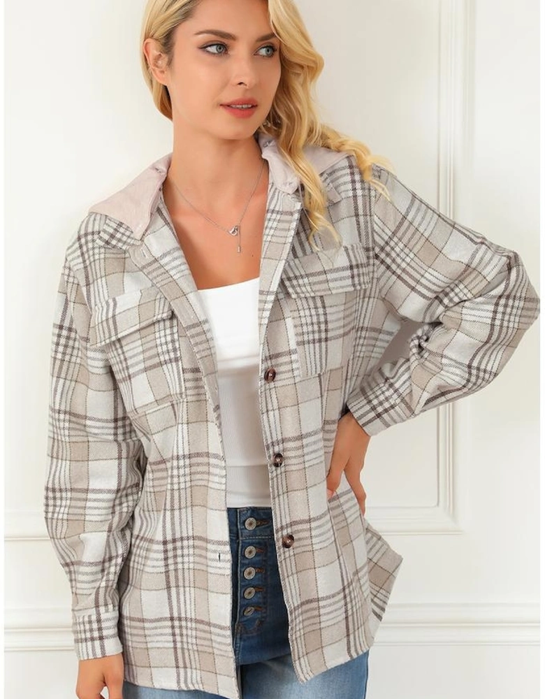 Khaki Plaid Removable Hood Buttoned Shacket