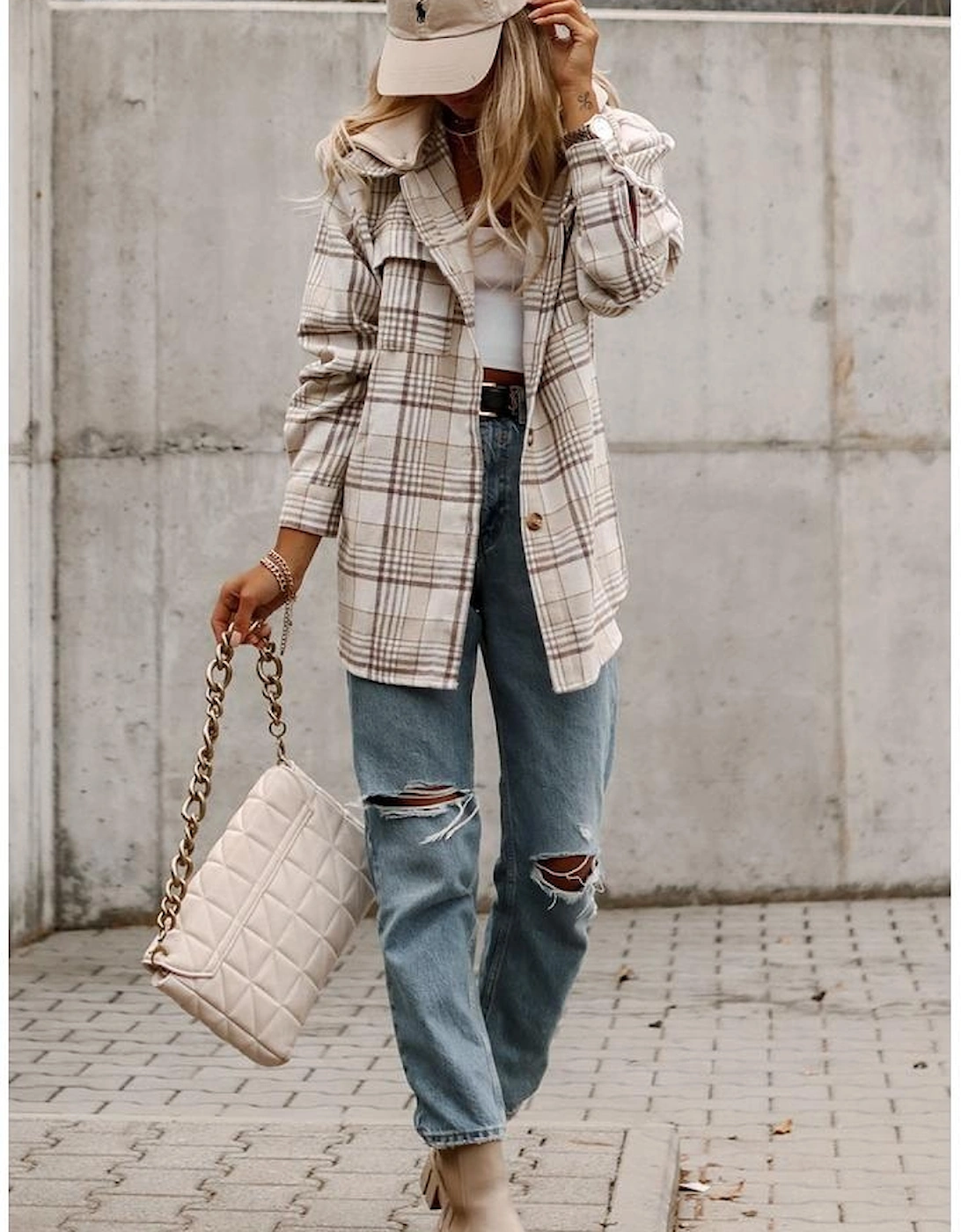Khaki Plaid Removable Hood Buttoned Shacket