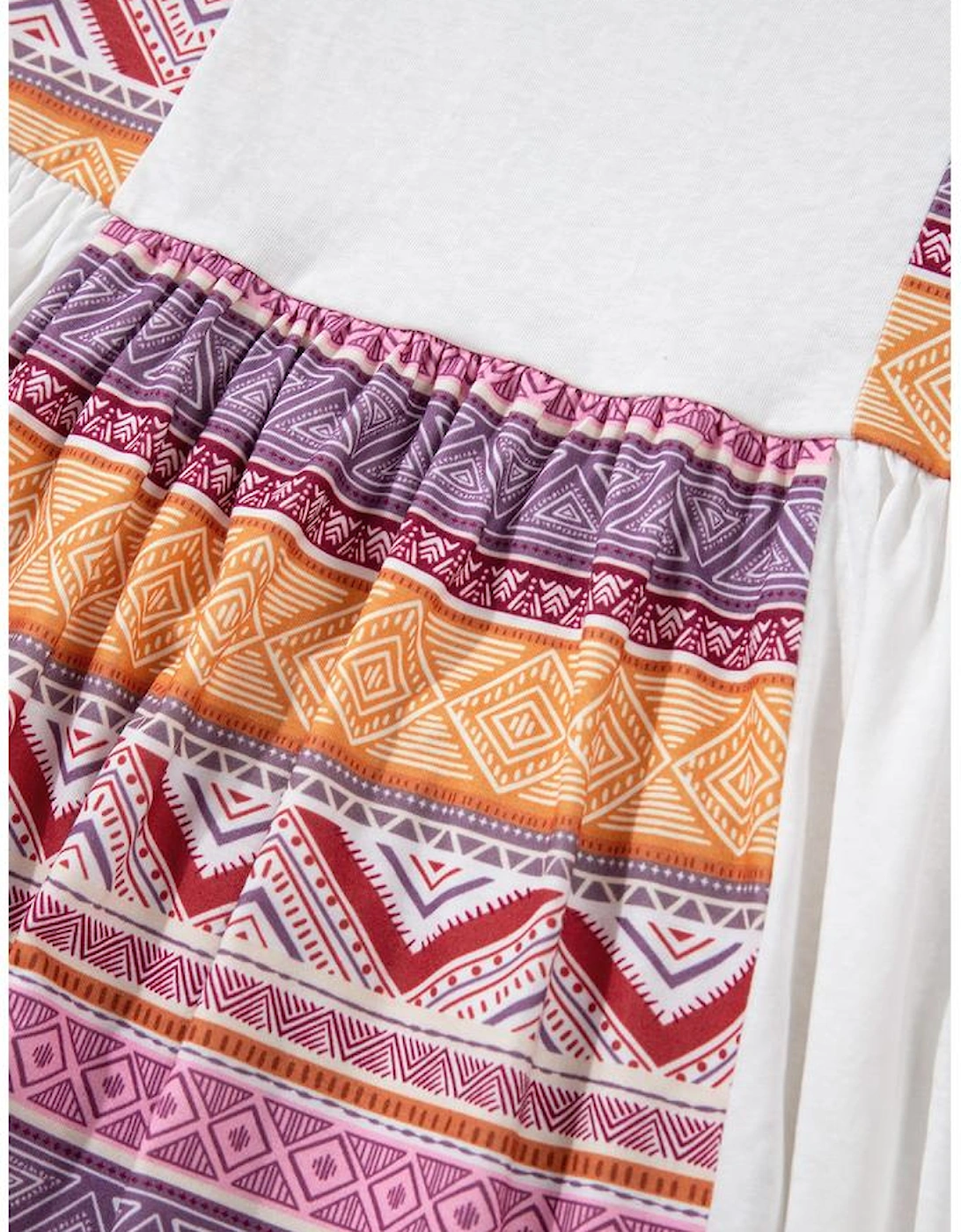 White Western Aztec Print Patchwork Ruffled Tunic Long Sleeve Babydoll Top, 14 of 13