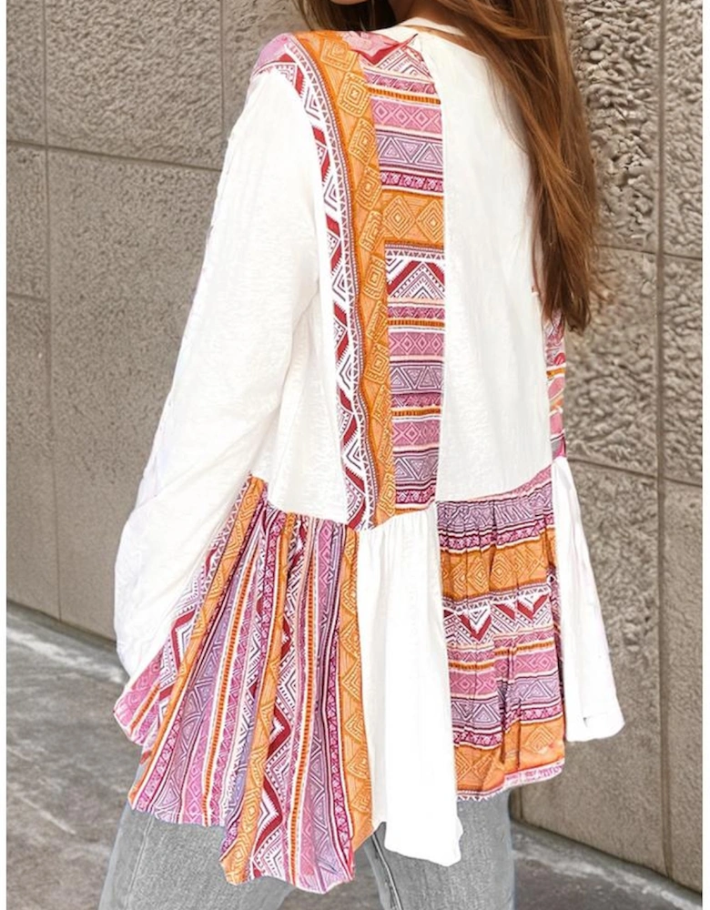 White Western Aztec Print Patchwork Ruffled Tunic Long Sleeve Babydoll Top