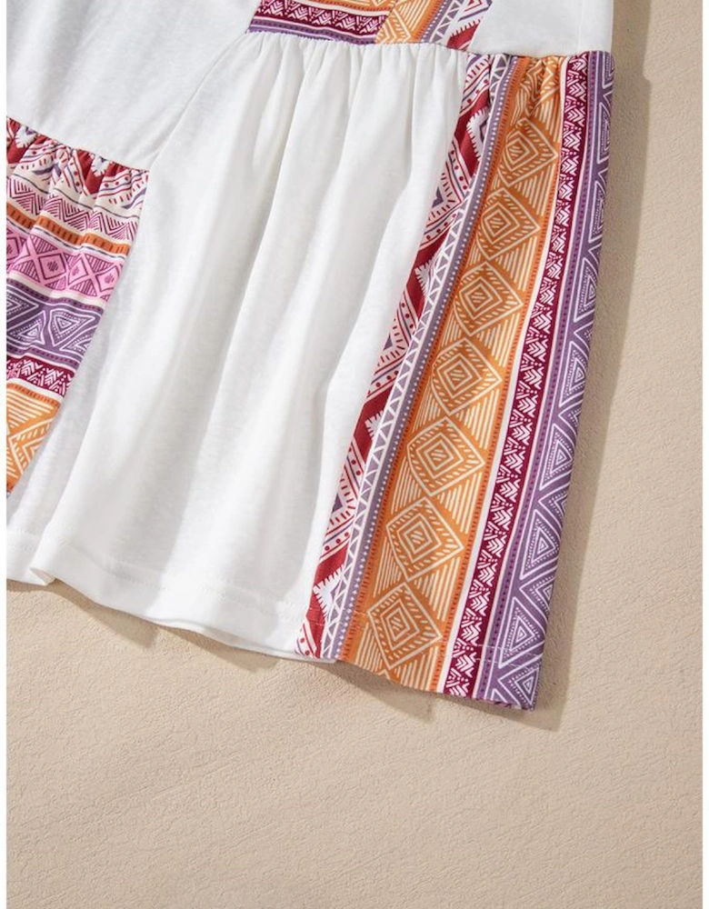 White Western Aztec Print Patchwork Ruffled Tunic Long Sleeve Babydoll Top