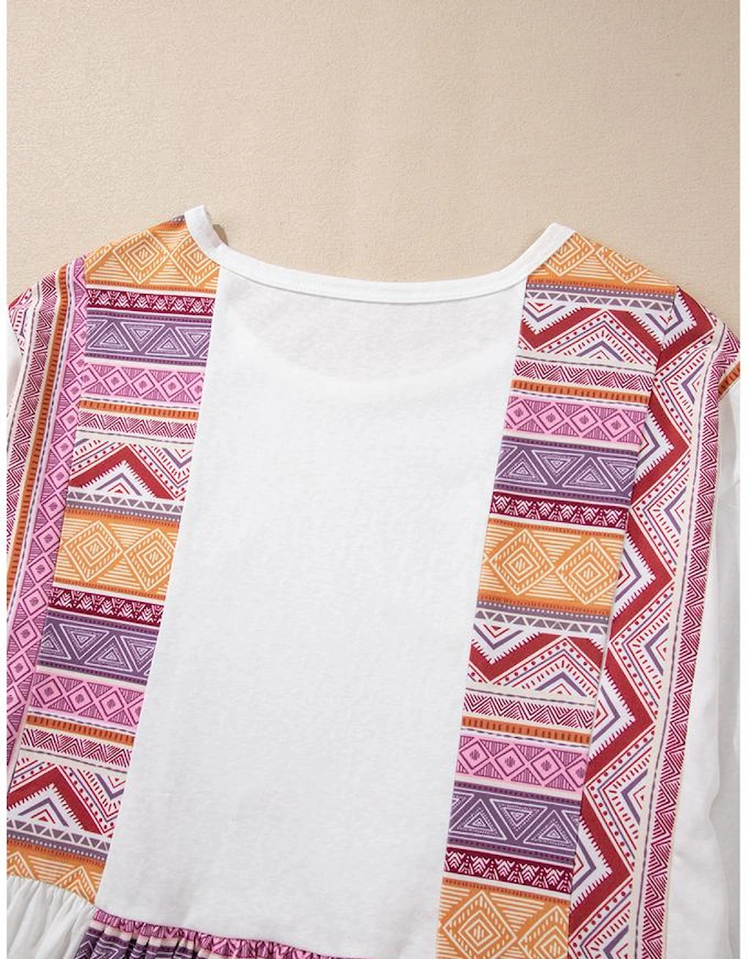 White Western Aztec Print Patchwork Ruffled Tunic Long Sleeve Babydoll Top